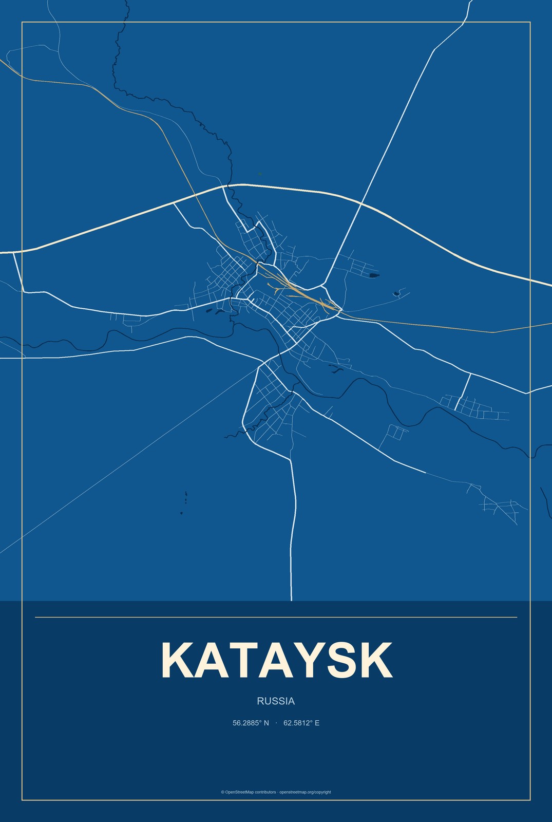 Kataysk, Russia City Map Aluminum Sign in Harbor Cobalt style