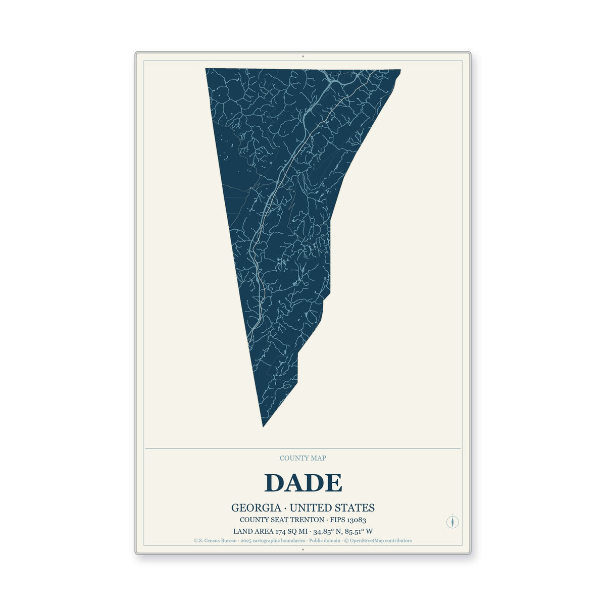 Dade County, Georgia Map Aluminum Sign in Coastal Cutout style