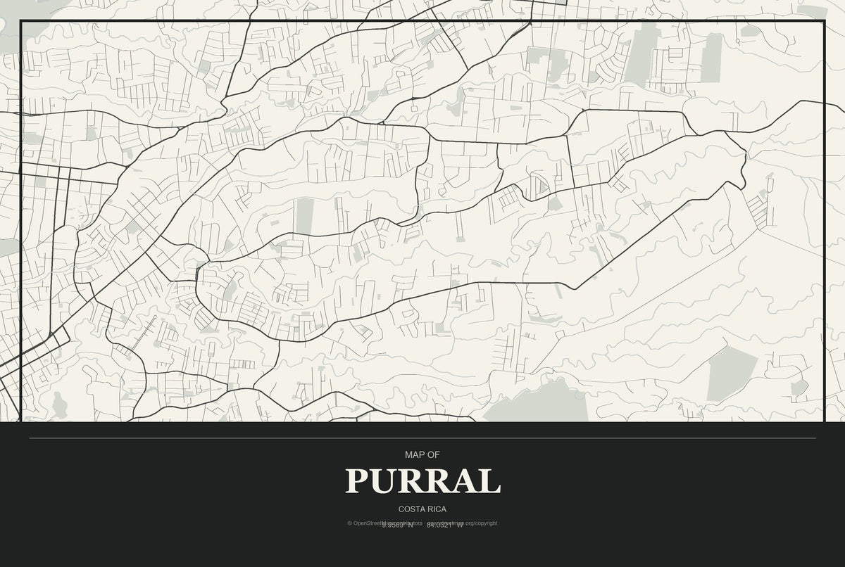 Purral, Costa Rica City Map Aluminum Sign in Museum Plaque style