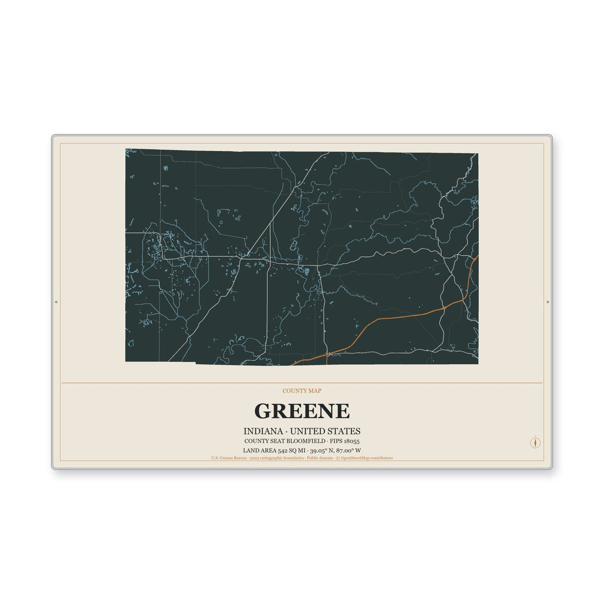 Greene County, Indiana Map Aluminum Sign in Headline Atlas style