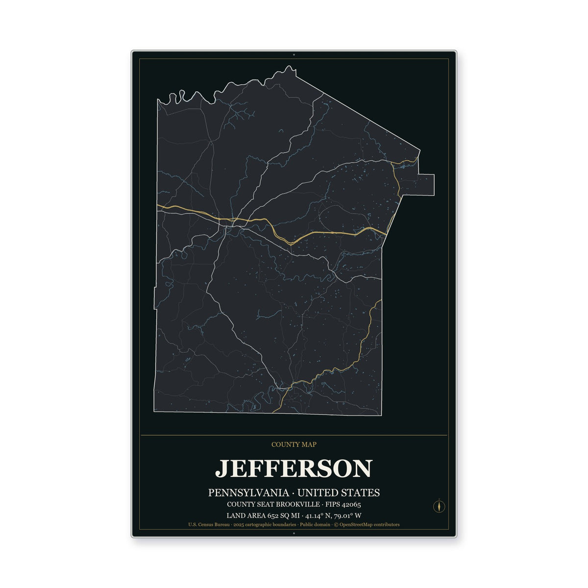 Jefferson County, Pennsylvania Map Aluminum Sign in Metropolitan Noir style