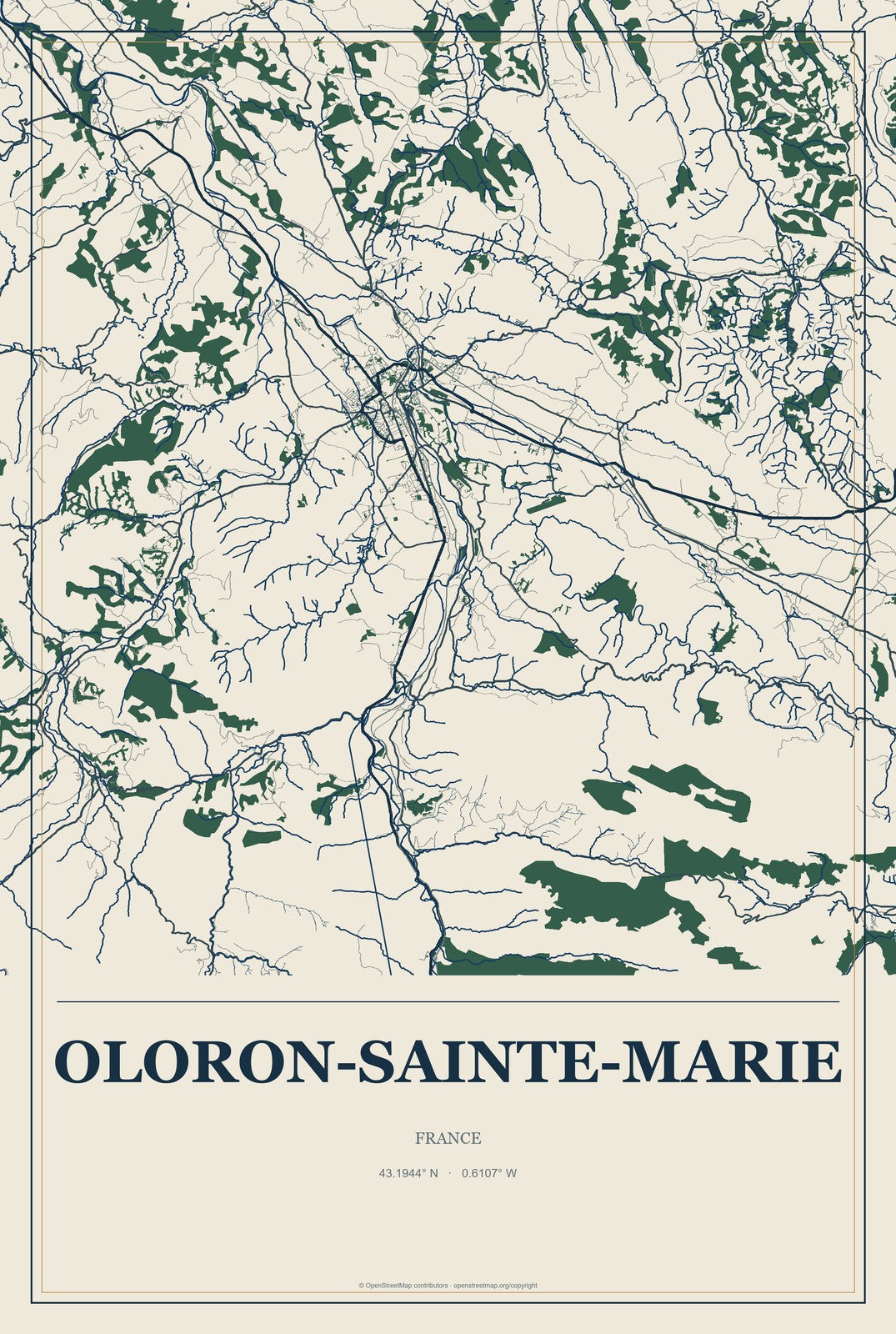 Oloron-Sainte-Marie, France City Map Aluminum Sign in Coastal Cutout style
