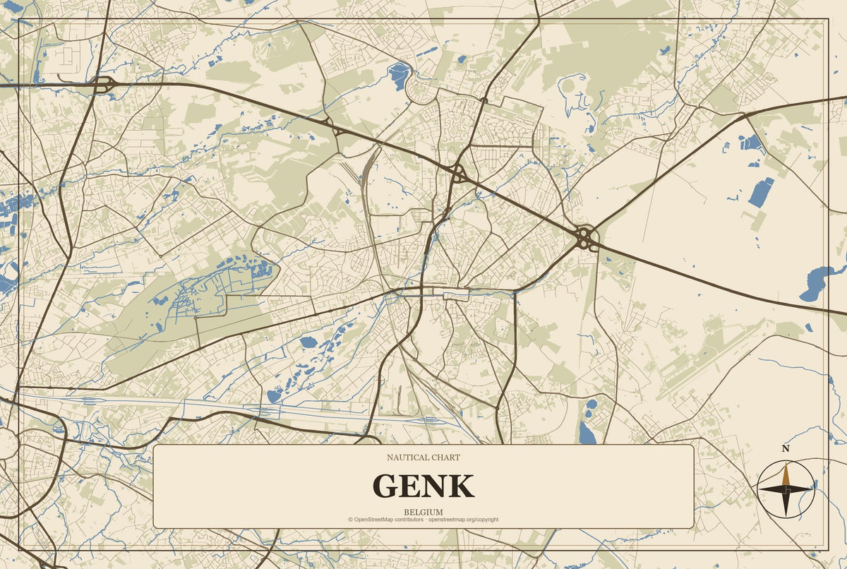 Genk, Belgium City Map Aluminum Sign in Heritage Nautical style