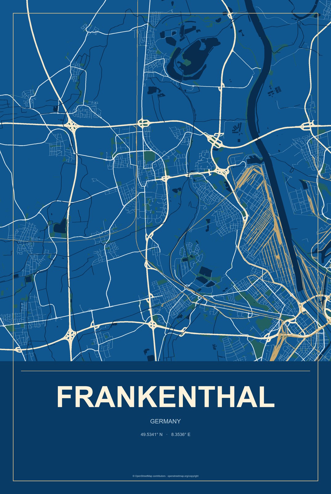 Frankenthal, Germany City Map Aluminum Sign in Harbor Cobalt style