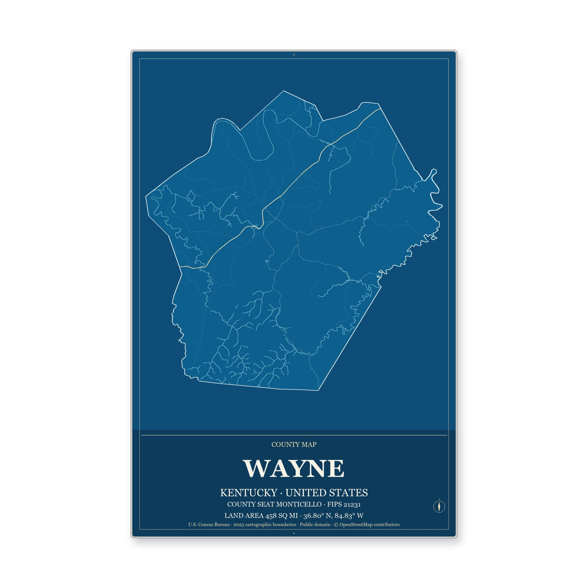 Wayne County, Kentucky Map Aluminum Sign in Harbor Cobalt style