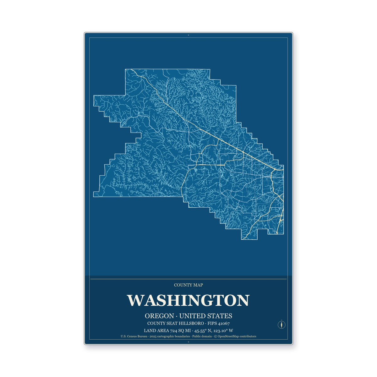 Washington County, Oregon Map Aluminum Sign in Harbor Cobalt style