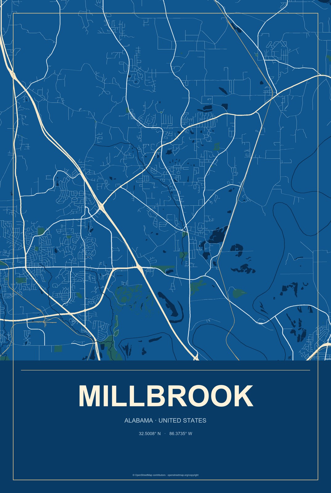 Millbrook, Alabama City Map Aluminum Sign in Harbor Cobalt style