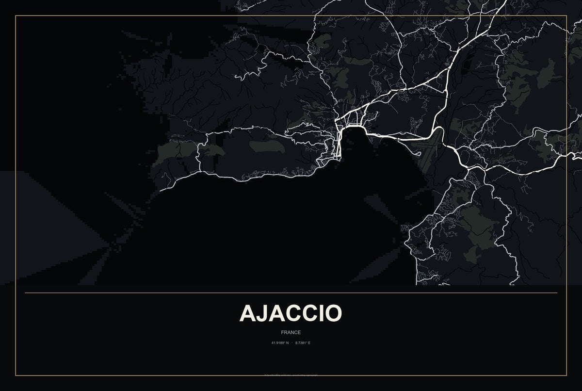 Ajaccio, France City Map Aluminum Sign in Metropolitan Noir style