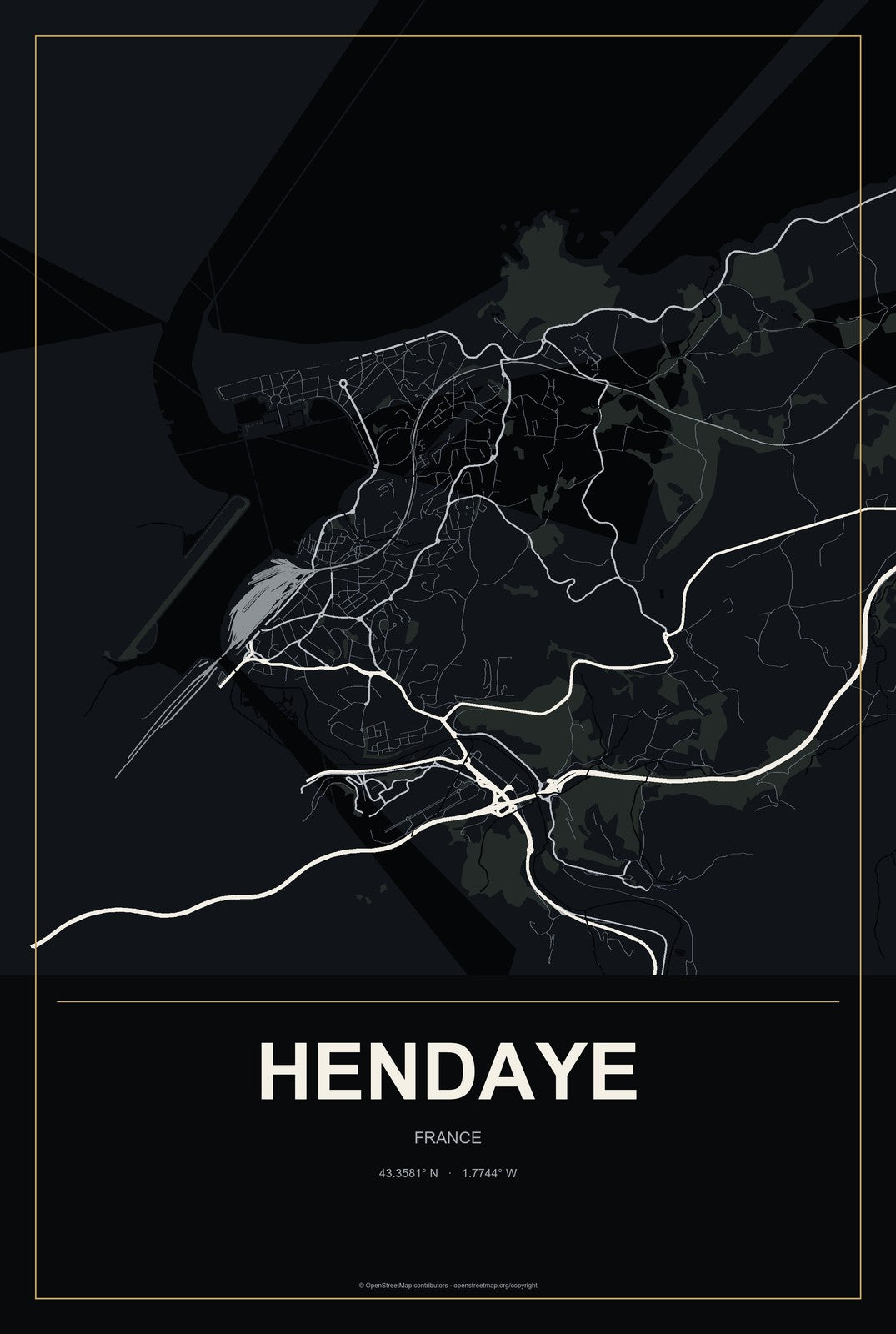Hendaye, France City Map Aluminum Sign in Metropolitan Noir style