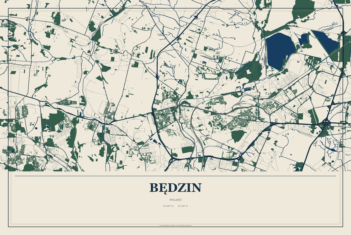 Będzin, Poland City Map Aluminum Sign in Coastal Cutout style