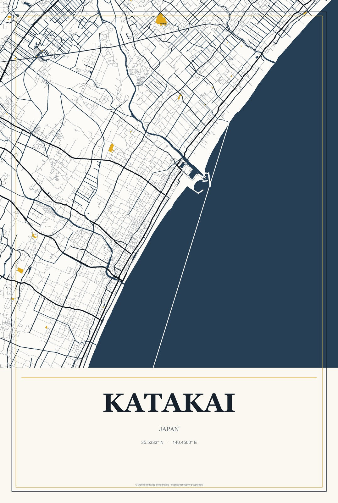 Katakai, Japan City Map Aluminum Sign in Citrine Modern style