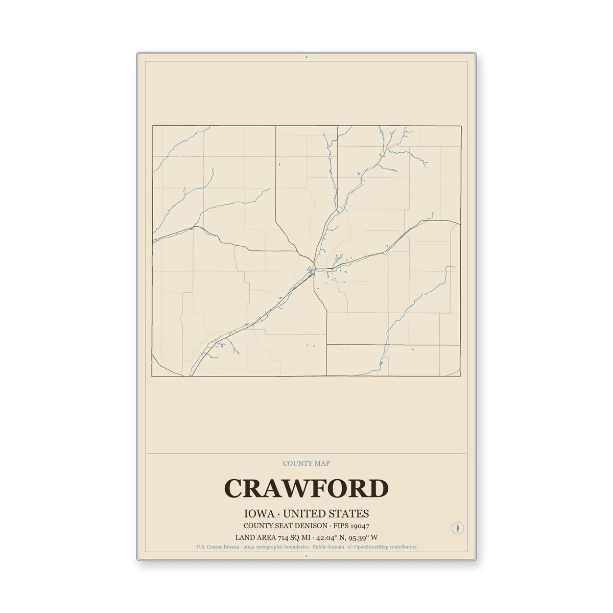 Crawford County, Iowa Map Aluminum Sign in Heritage Nautical style