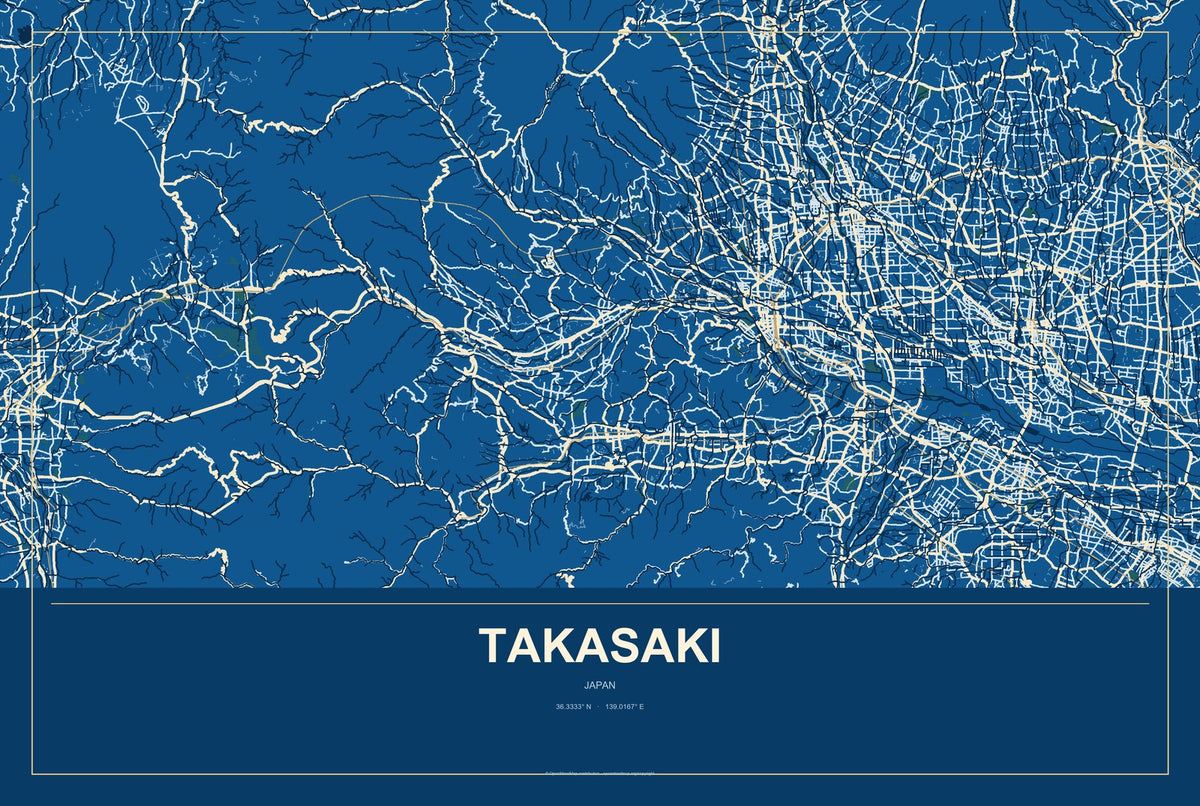 Takasaki, Japan City Map Aluminum Sign in Harbor Cobalt style
