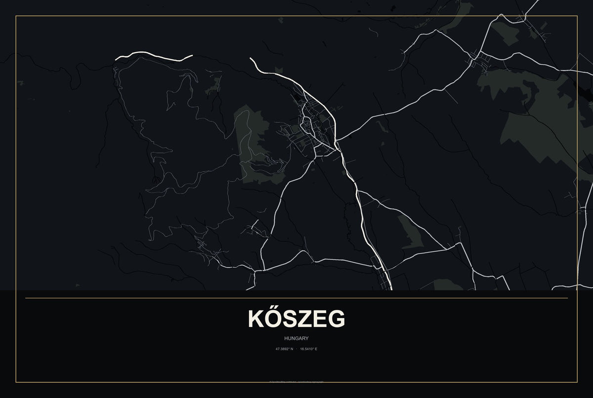 Kőszeg, Hungary City Map Aluminum Sign in Metropolitan Noir style