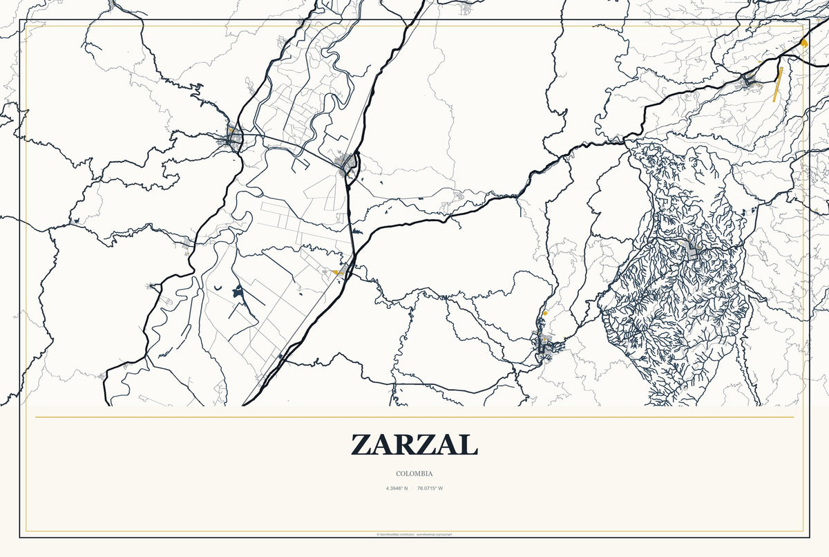 Zarzal, Colombia City Map Aluminum Sign in Citrine Modern style