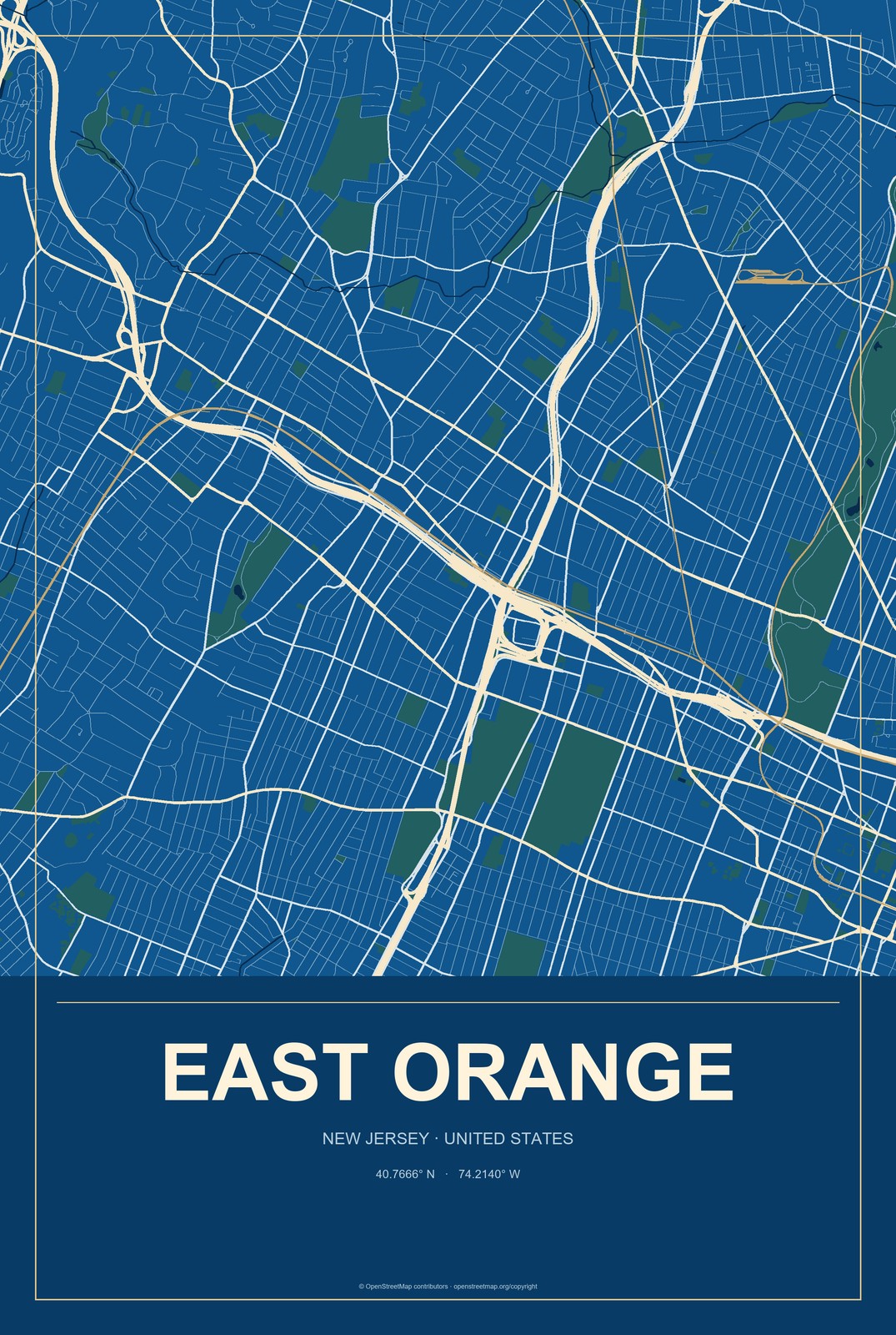 East Orange, New Jersey City Map Aluminum Sign in Harbor Cobalt style