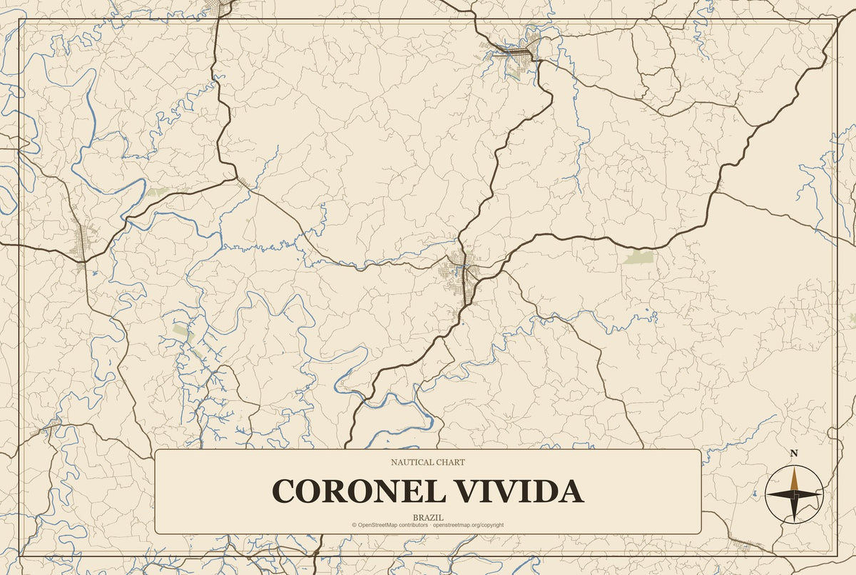 Coronel Vivida, Brazil City Map Aluminum Sign in Heritage Nautical style