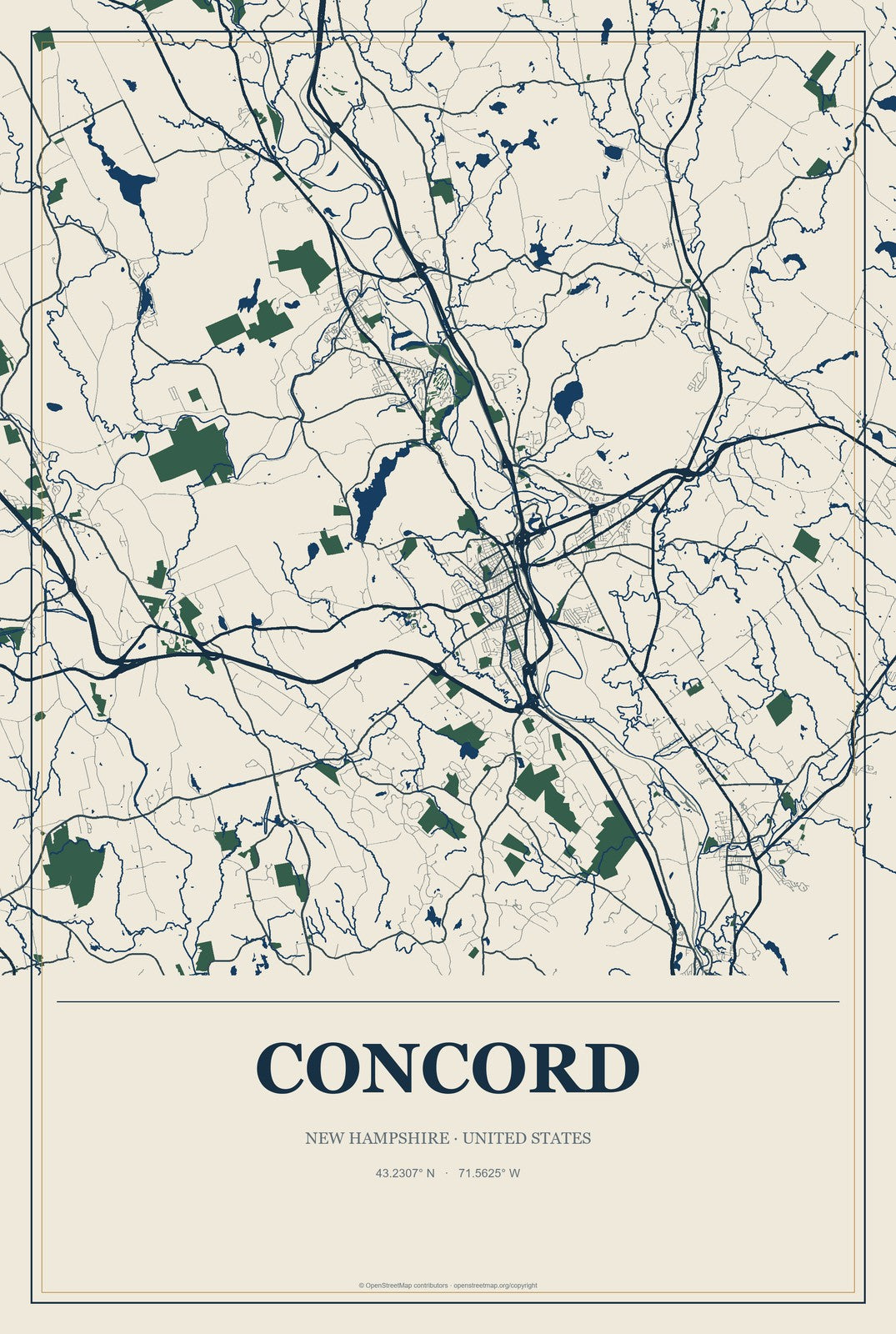 Concord, New Hampshire City Map Aluminum Sign in Coastal Cutout style