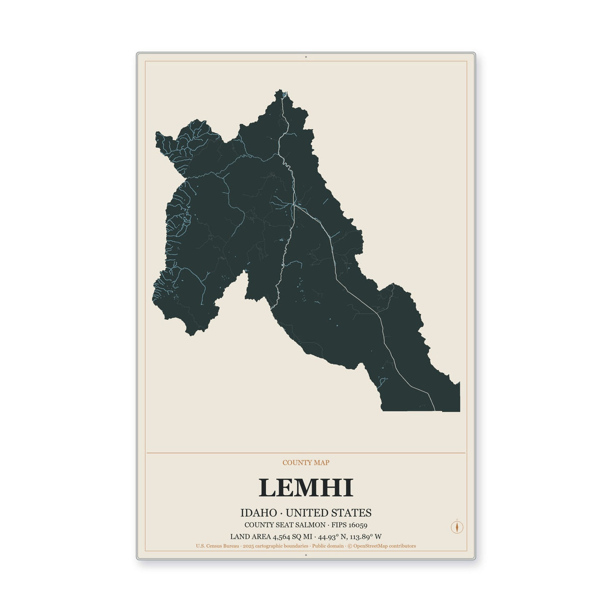 Lemhi County, Idaho Map Aluminum Sign in Headline Atlas style