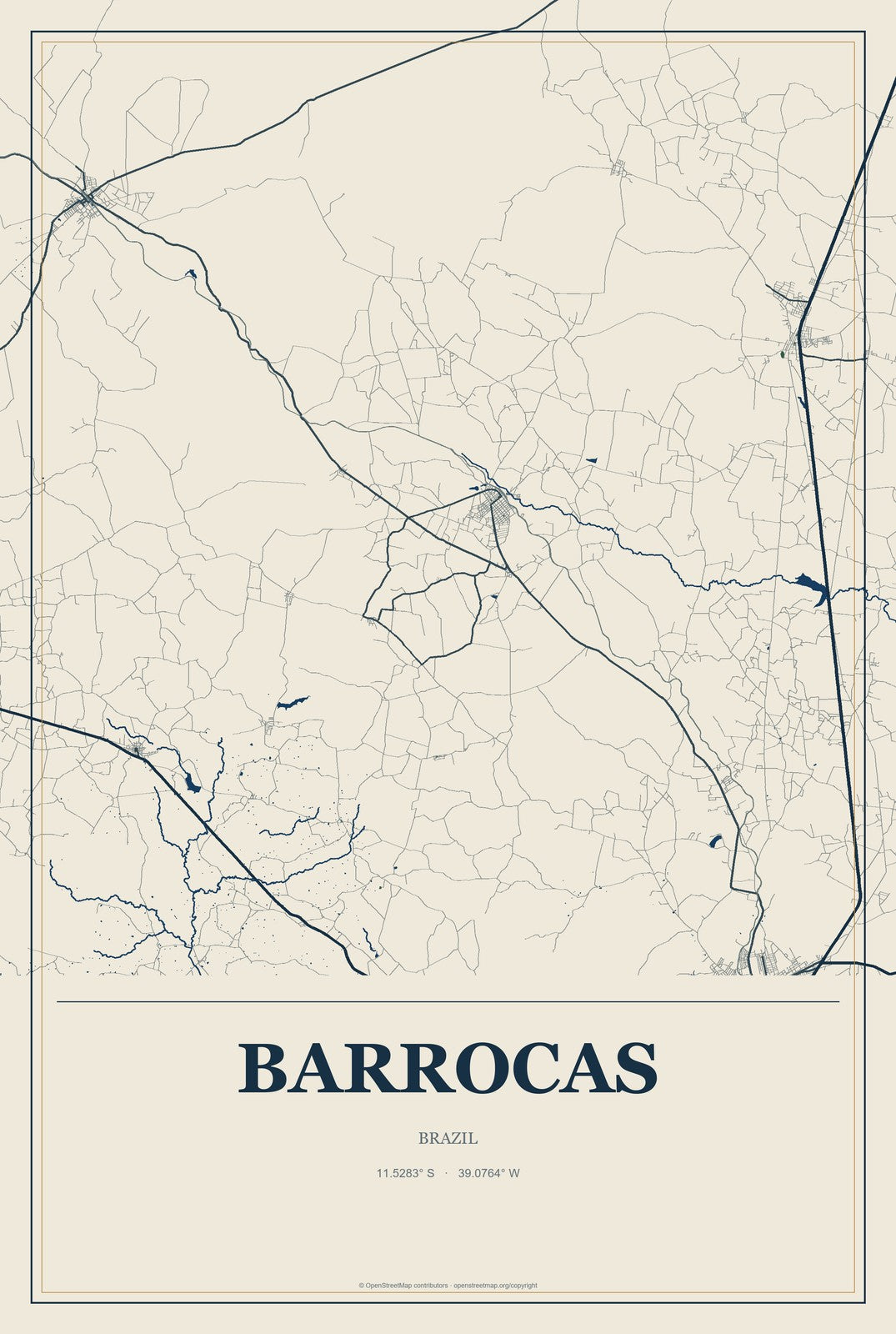 Barrocas, Brazil City Map Aluminum Sign in Coastal Cutout style
