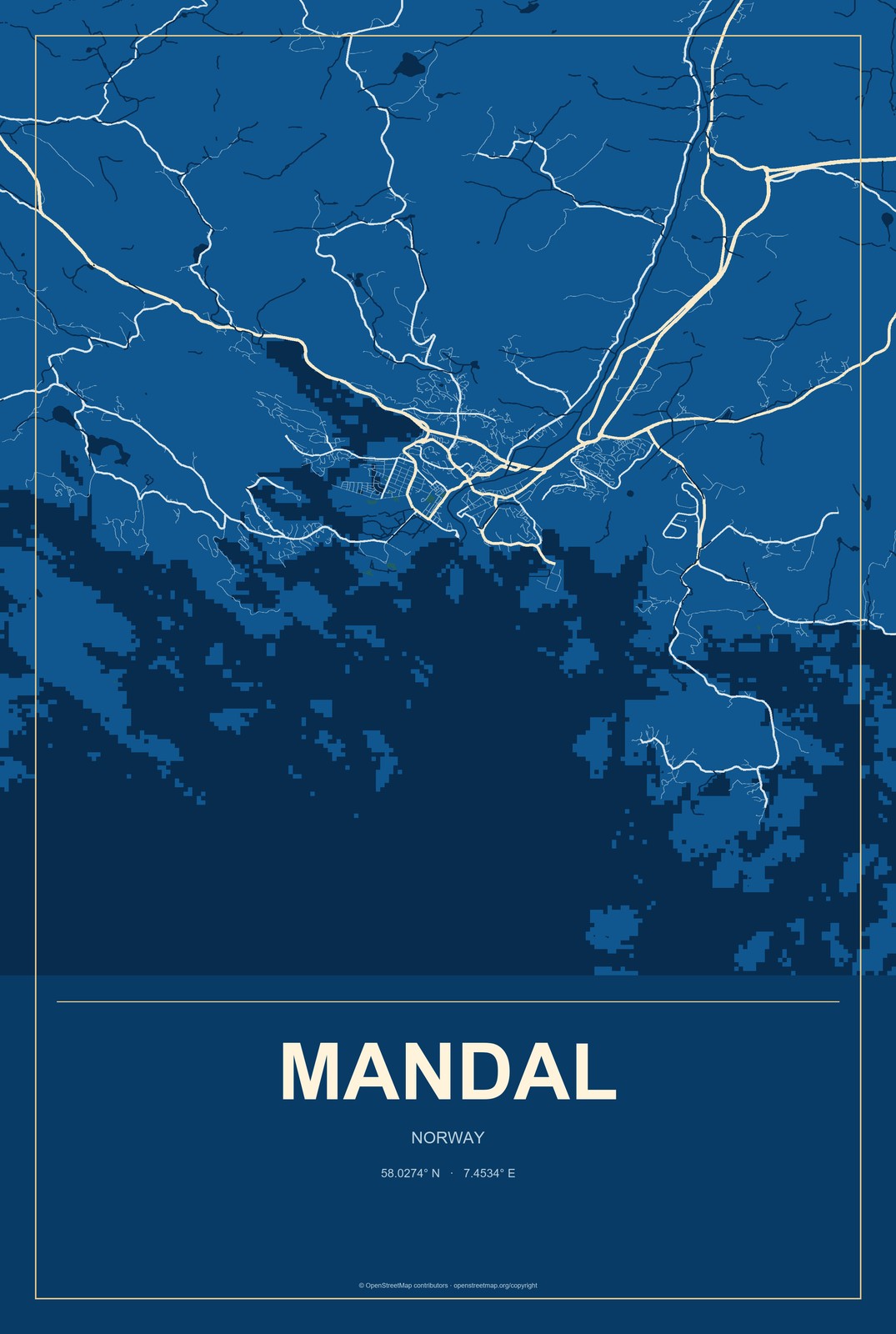 Mandal, Norway City Map Aluminum Sign in Harbor Cobalt style
