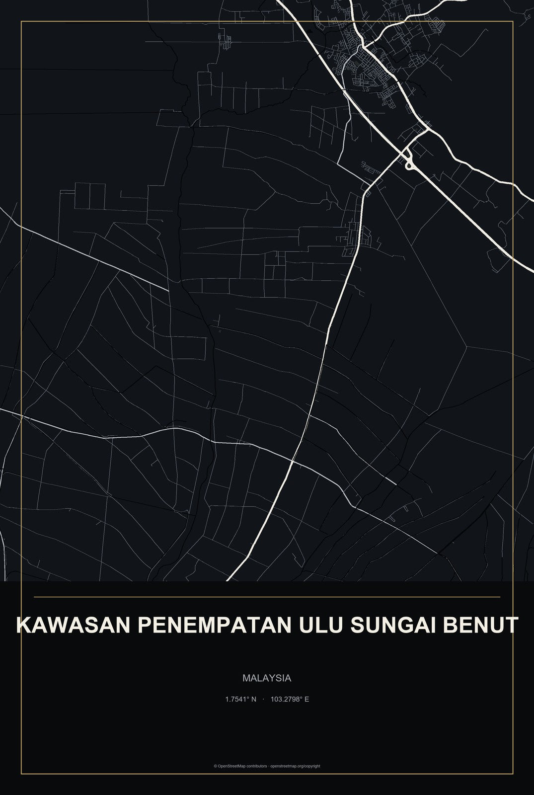 Kawasan Penempatan Ulu Sungai Benut, Malaysia City Map Aluminum Sign in Metropolitan Noir style
