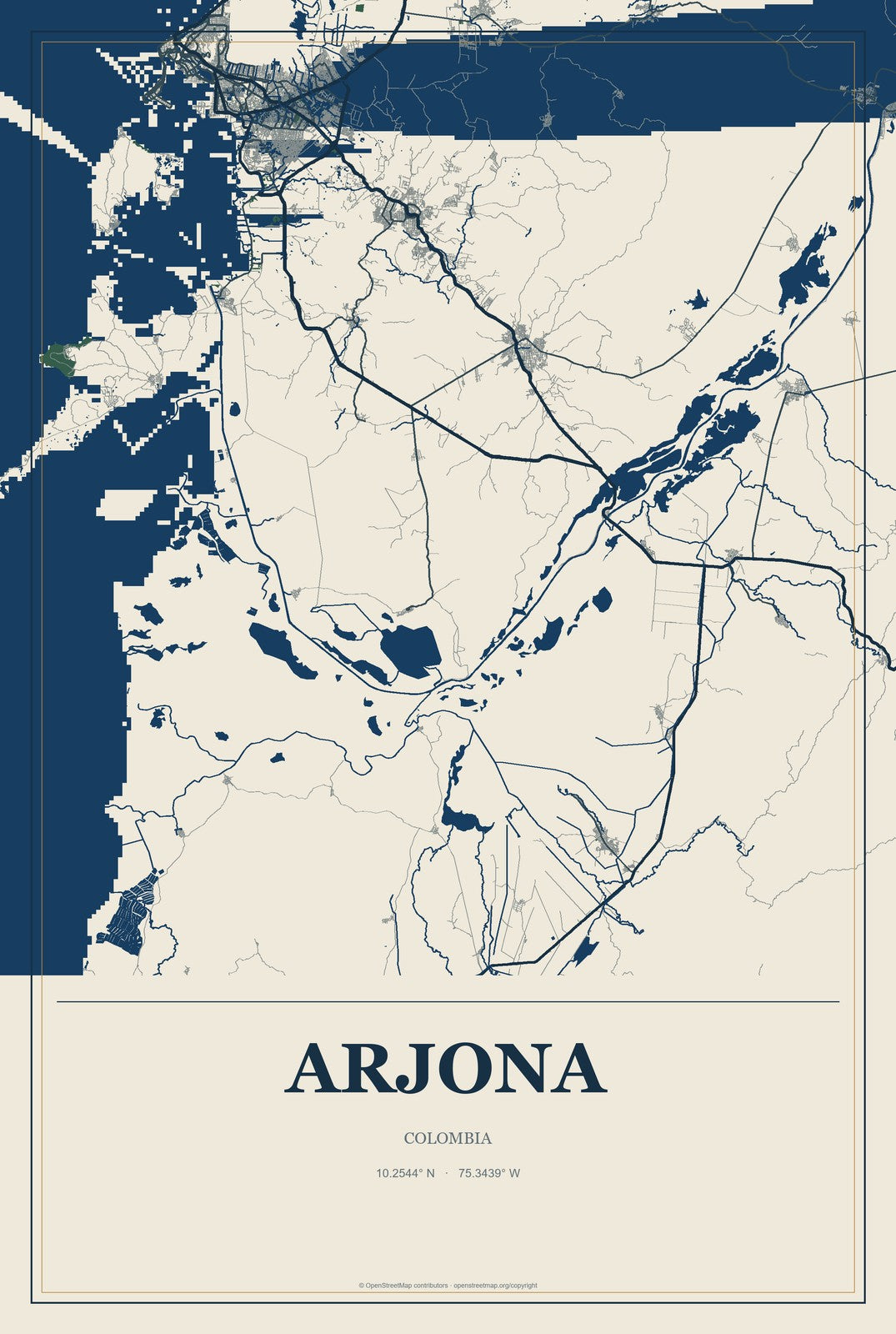 Arjona, Colombia City Map Aluminum Sign in Coastal Cutout style