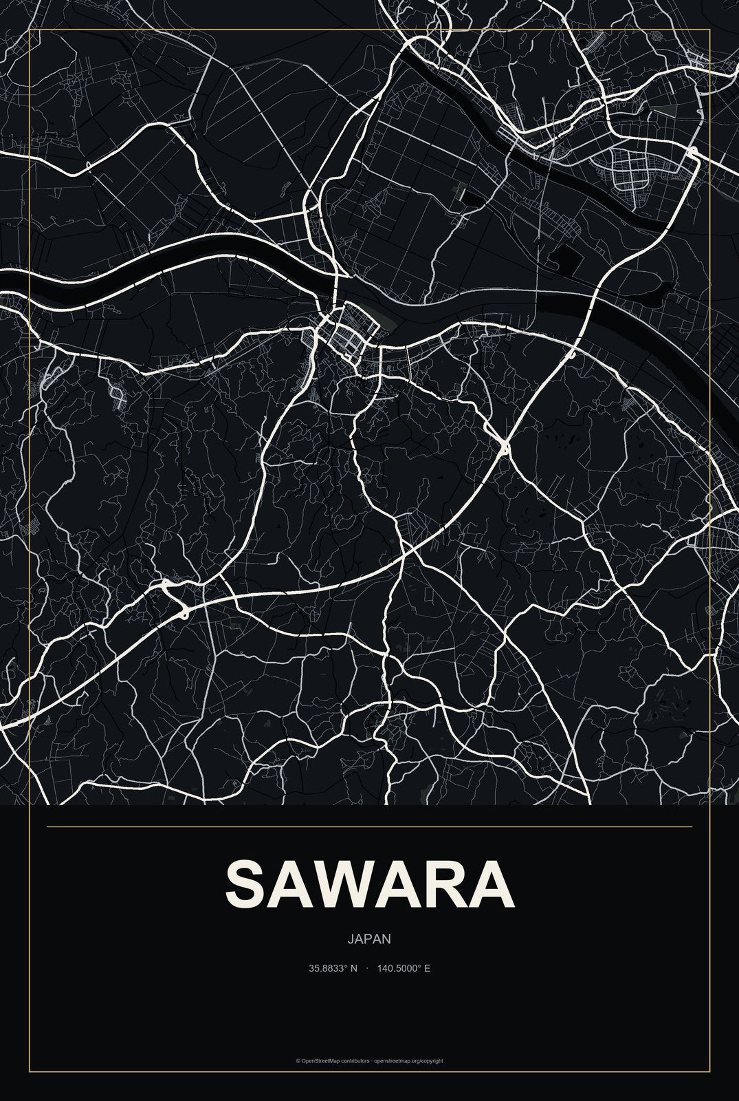 Sawara, Japan City Map Aluminum Sign in Metropolitan Noir style