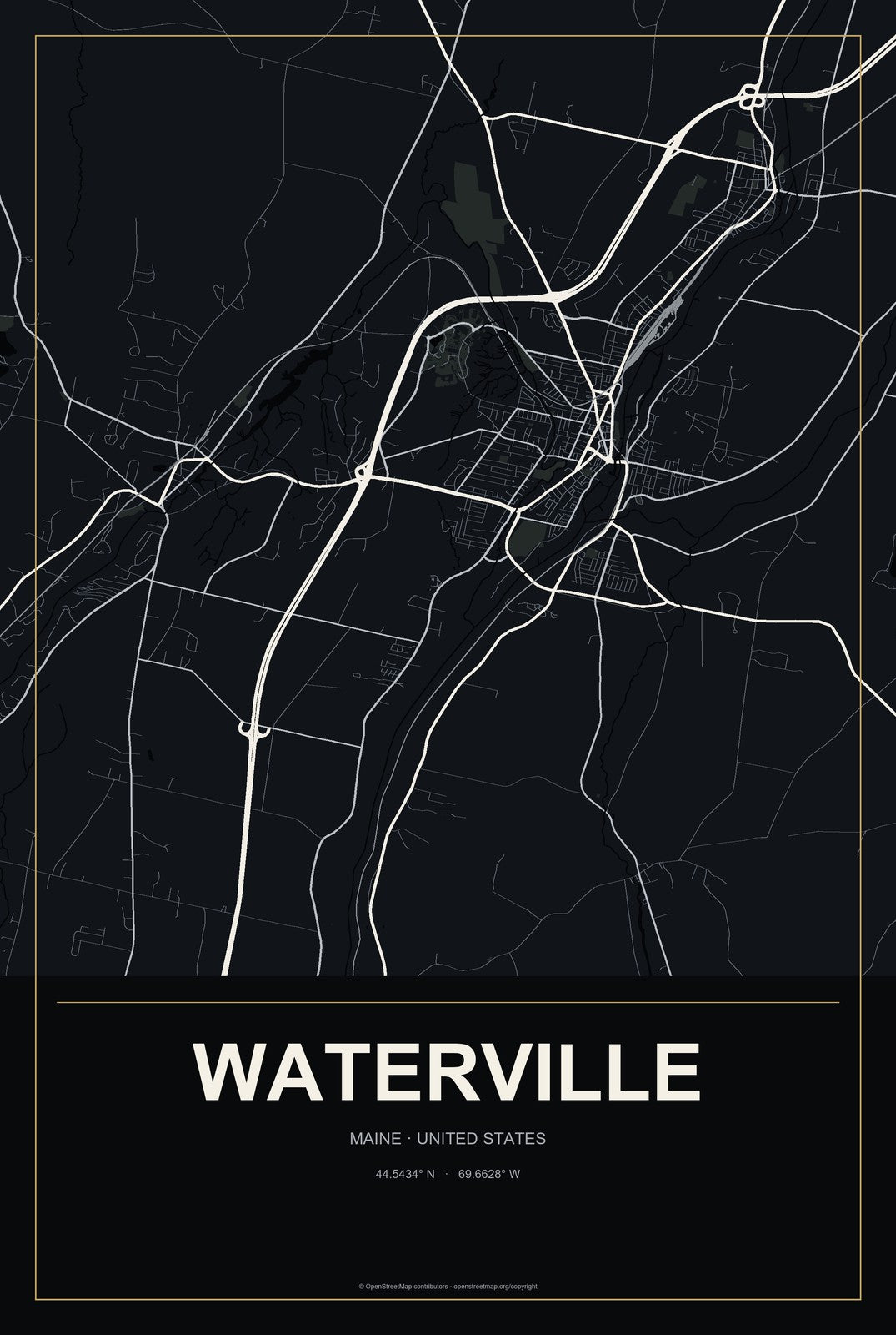 Waterville, Maine City Map Aluminum Sign in Metropolitan Noir style