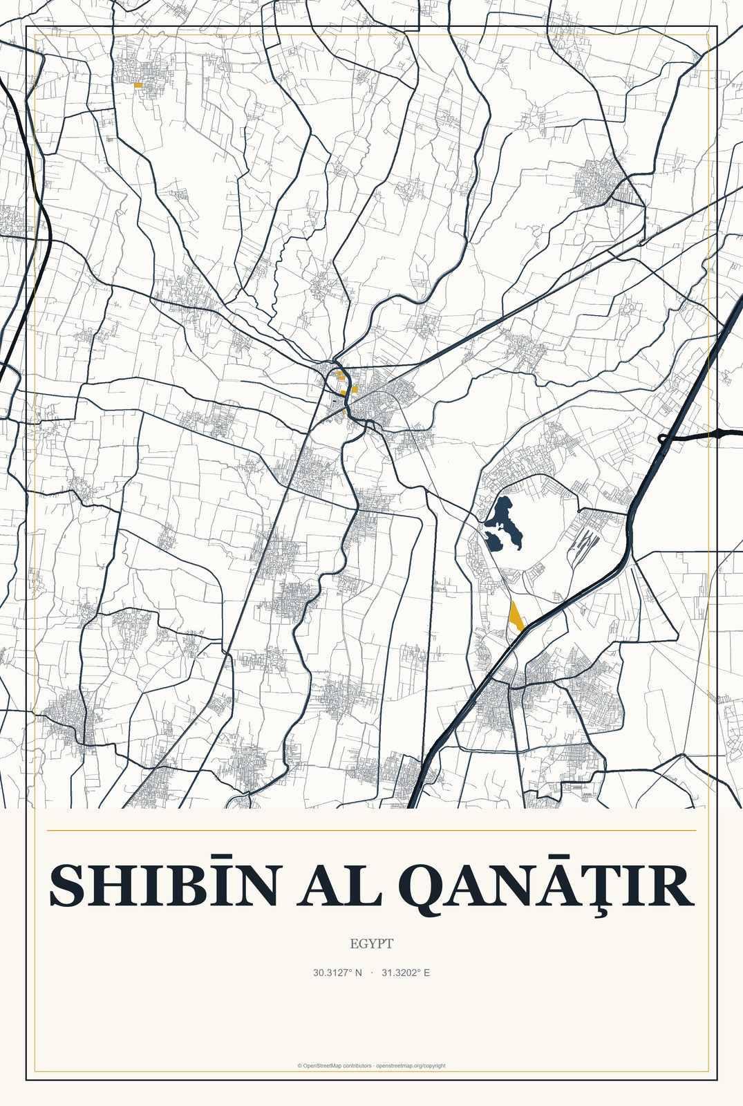 Shibīn al Qanāţir, Egypt City Map Aluminum Sign in Citrine Modern style