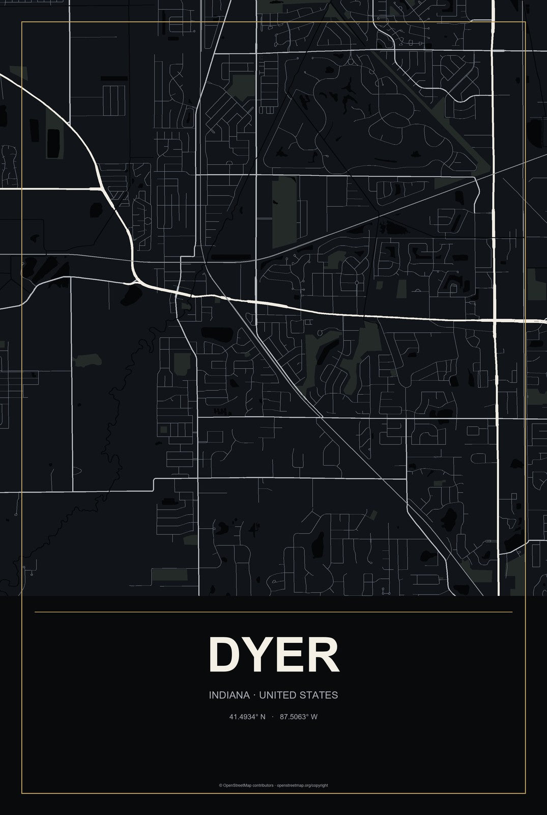 Dyer, Indiana City Map Aluminum Sign in Metropolitan Noir style