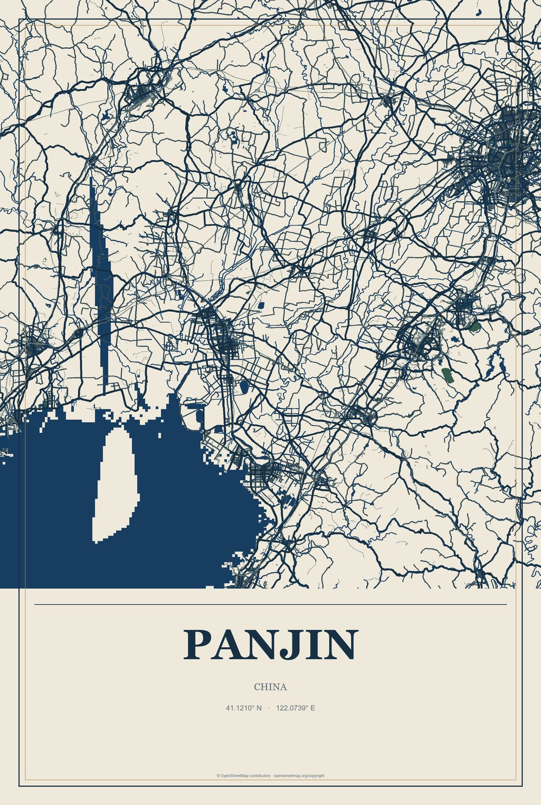 Panjin, China City Map Aluminum Sign in Coastal Cutout style