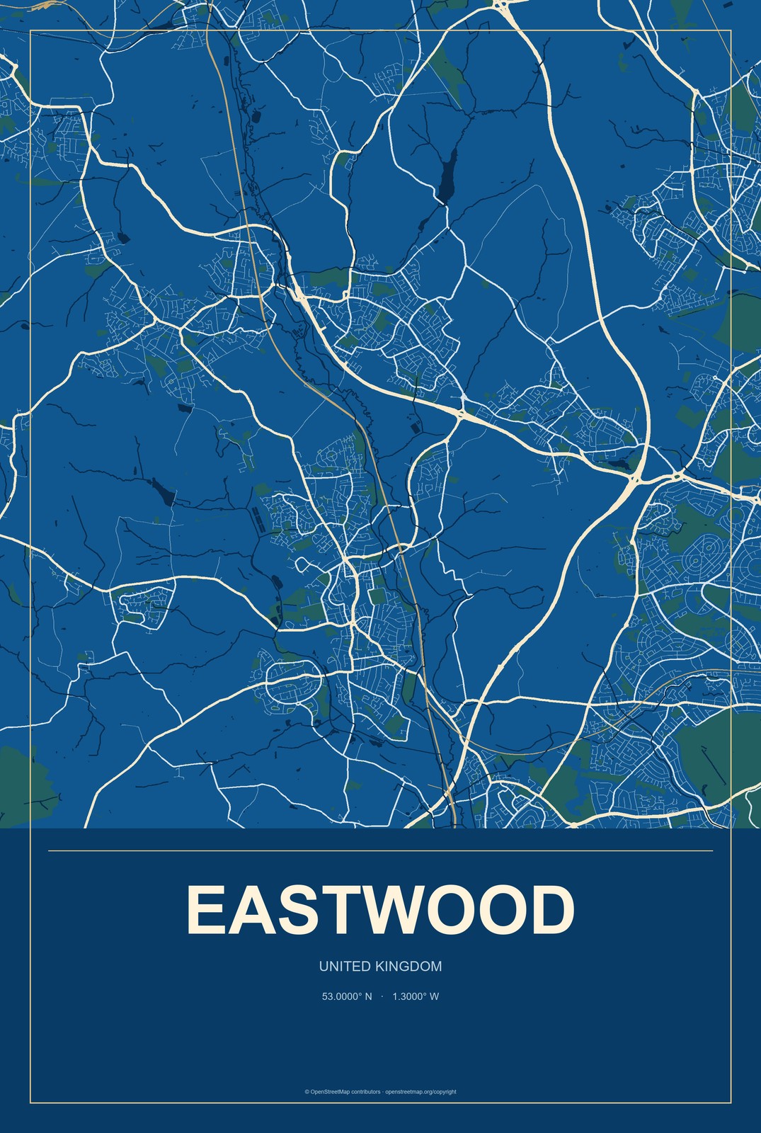 Eastwood, United Kingdom City Map Aluminum Sign in Harbor Cobalt style