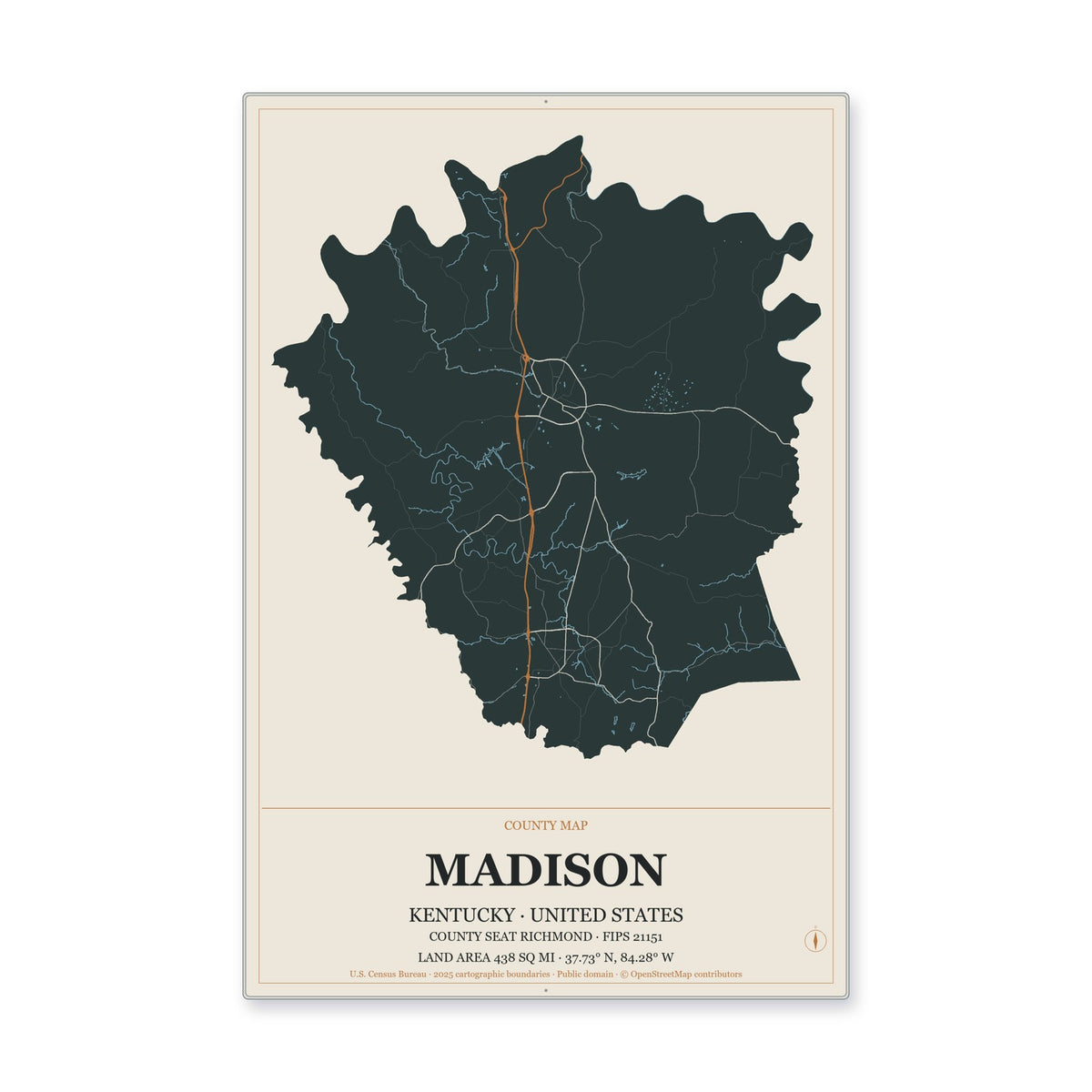 Madison County, Kentucky Map Aluminum Sign in Headline Atlas style