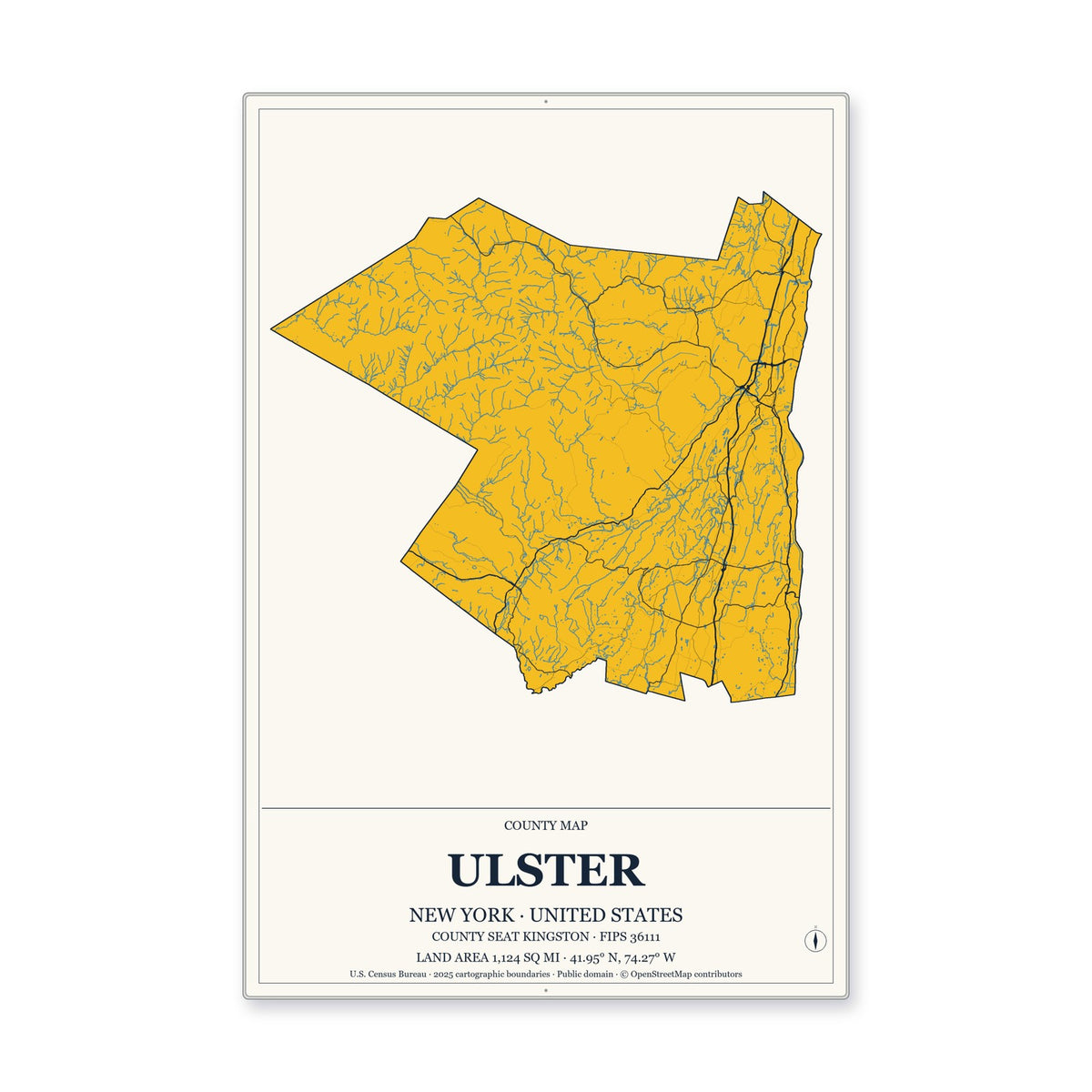 Ulster County, New York Map Aluminum Sign in Citrine Modern style
