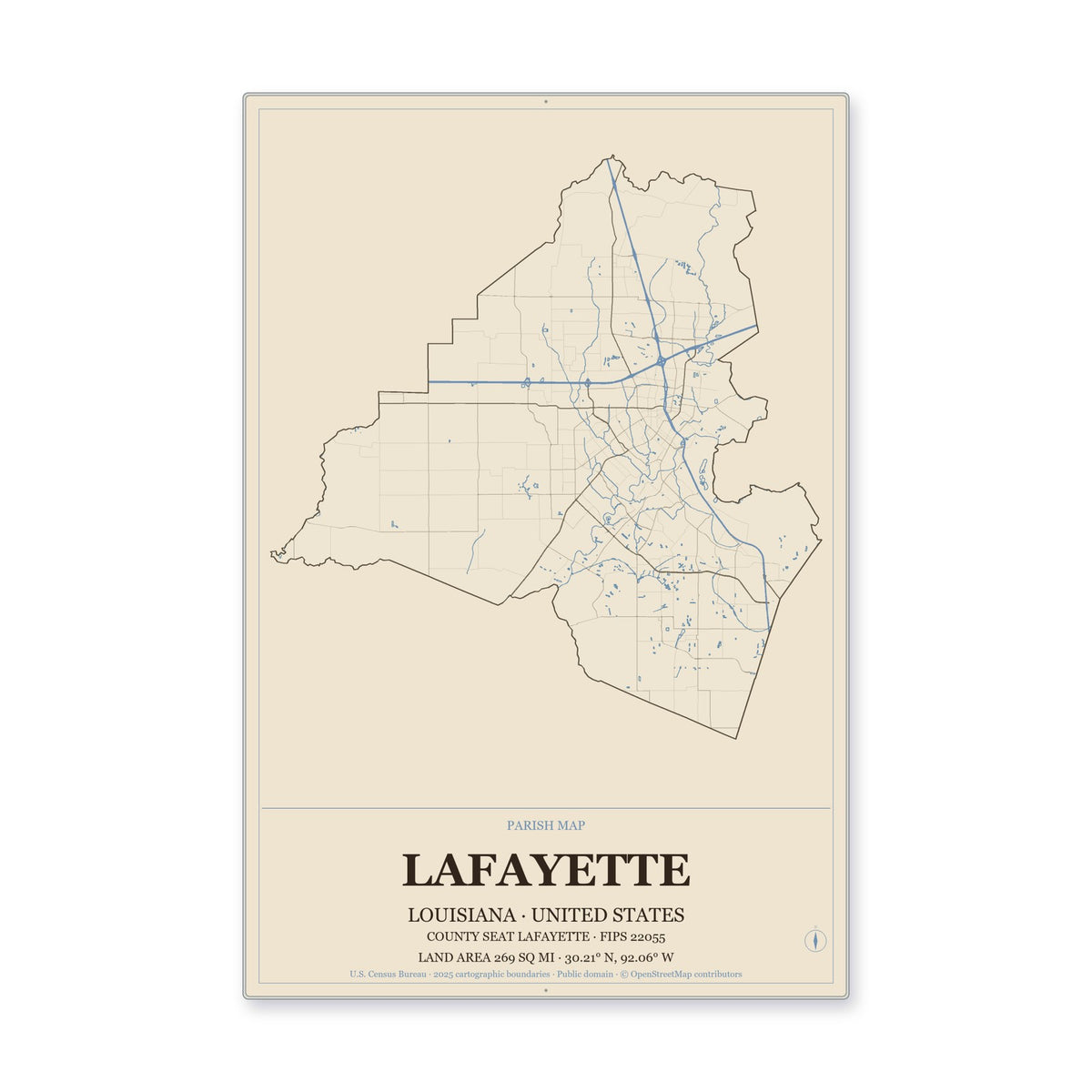 Lafayette Parish, Louisiana Map Aluminum Sign in Heritage Nautical style
