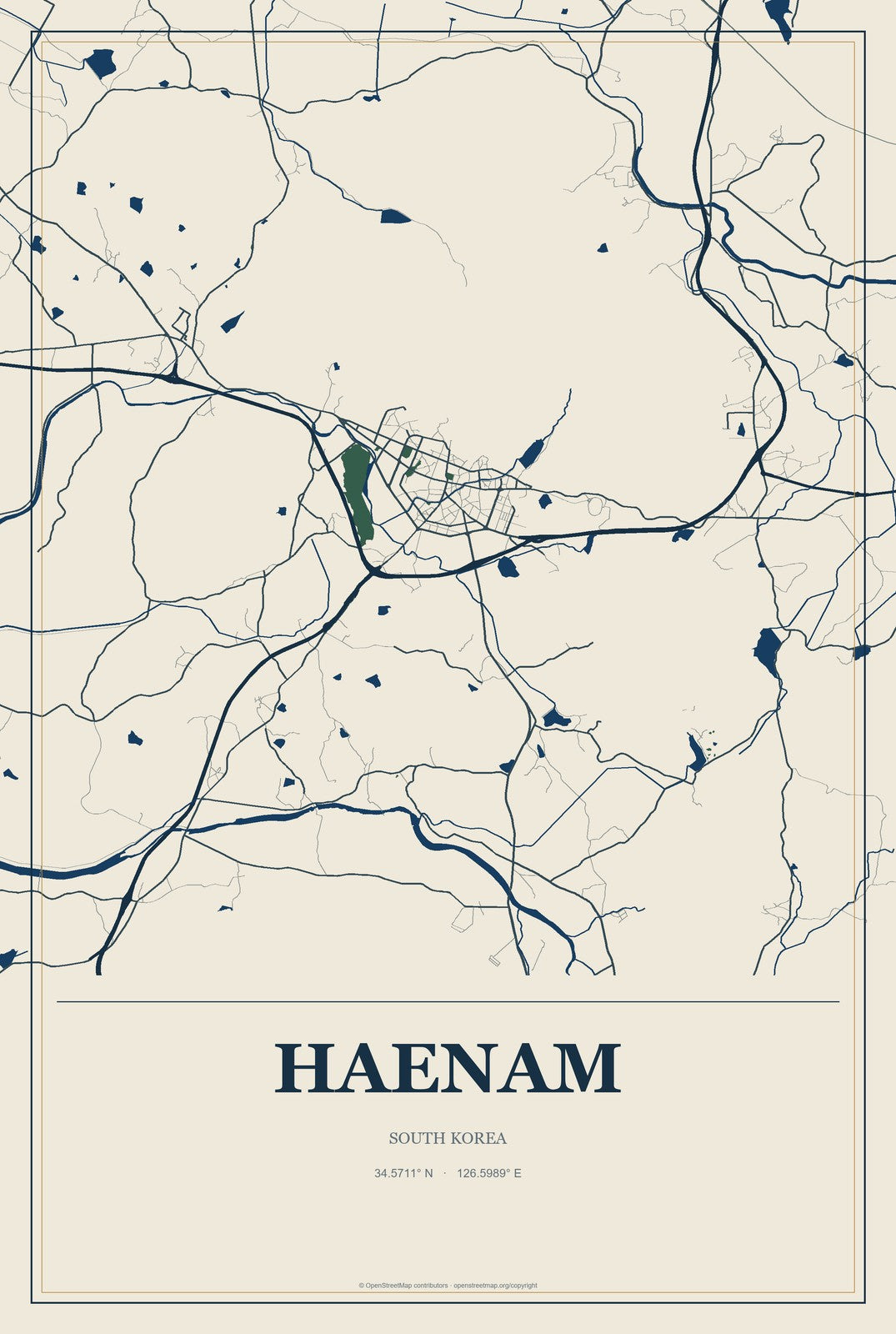 Haenam, South Korea City Map Aluminum Sign in Coastal Cutout style