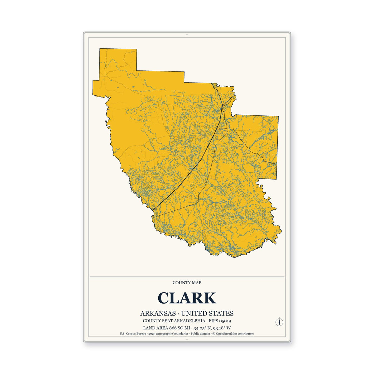 Clark County, Arkansas Map Aluminum Sign in Citrine Modern style