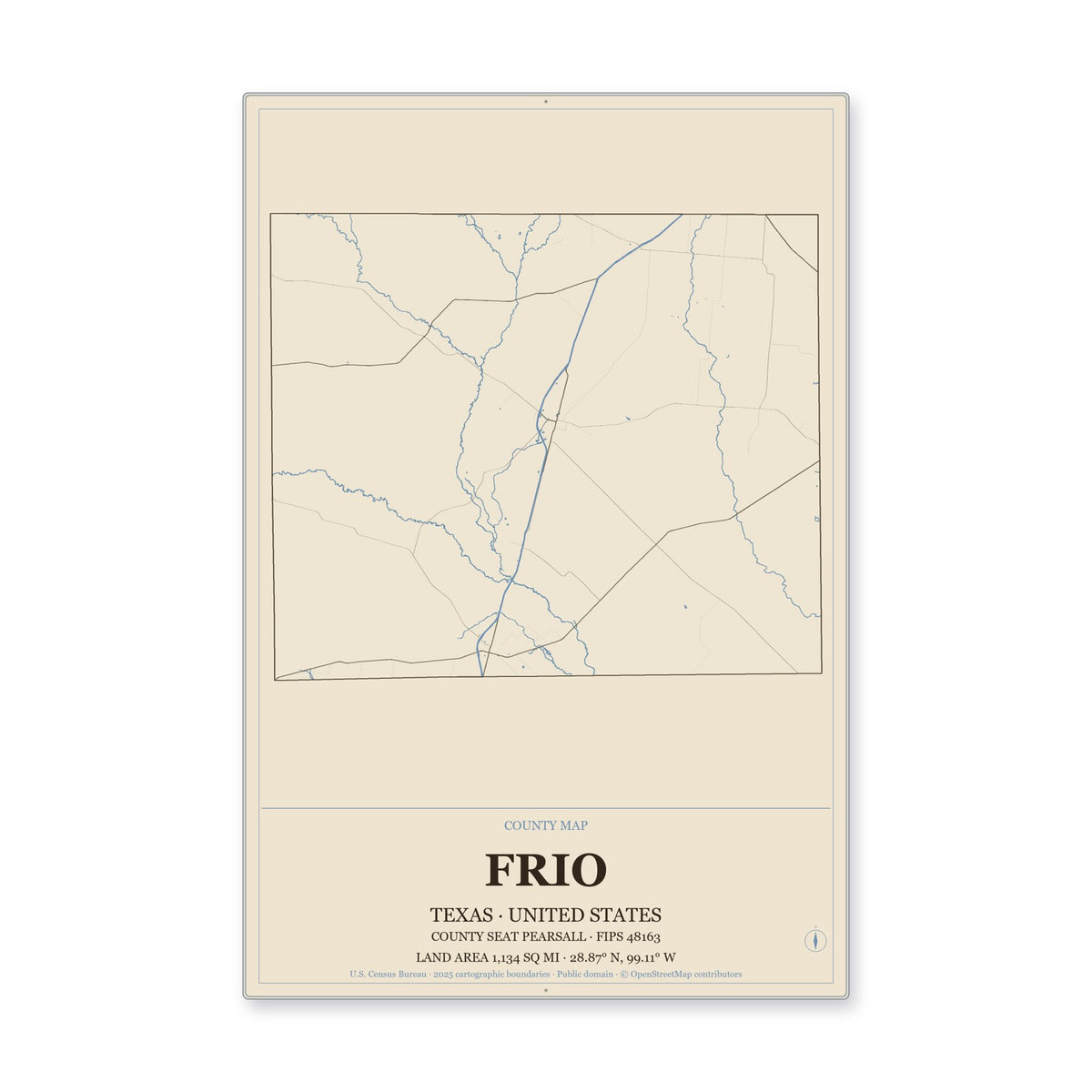 Frio County, Texas Map Aluminum Sign in Heritage Nautical style