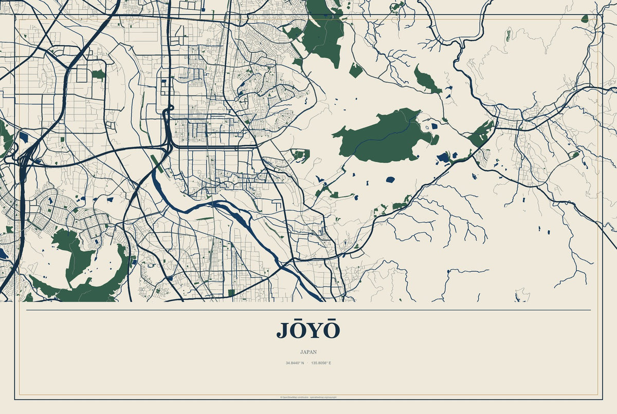 Jōyō, Japan City Map Aluminum Sign in Coastal Cutout style