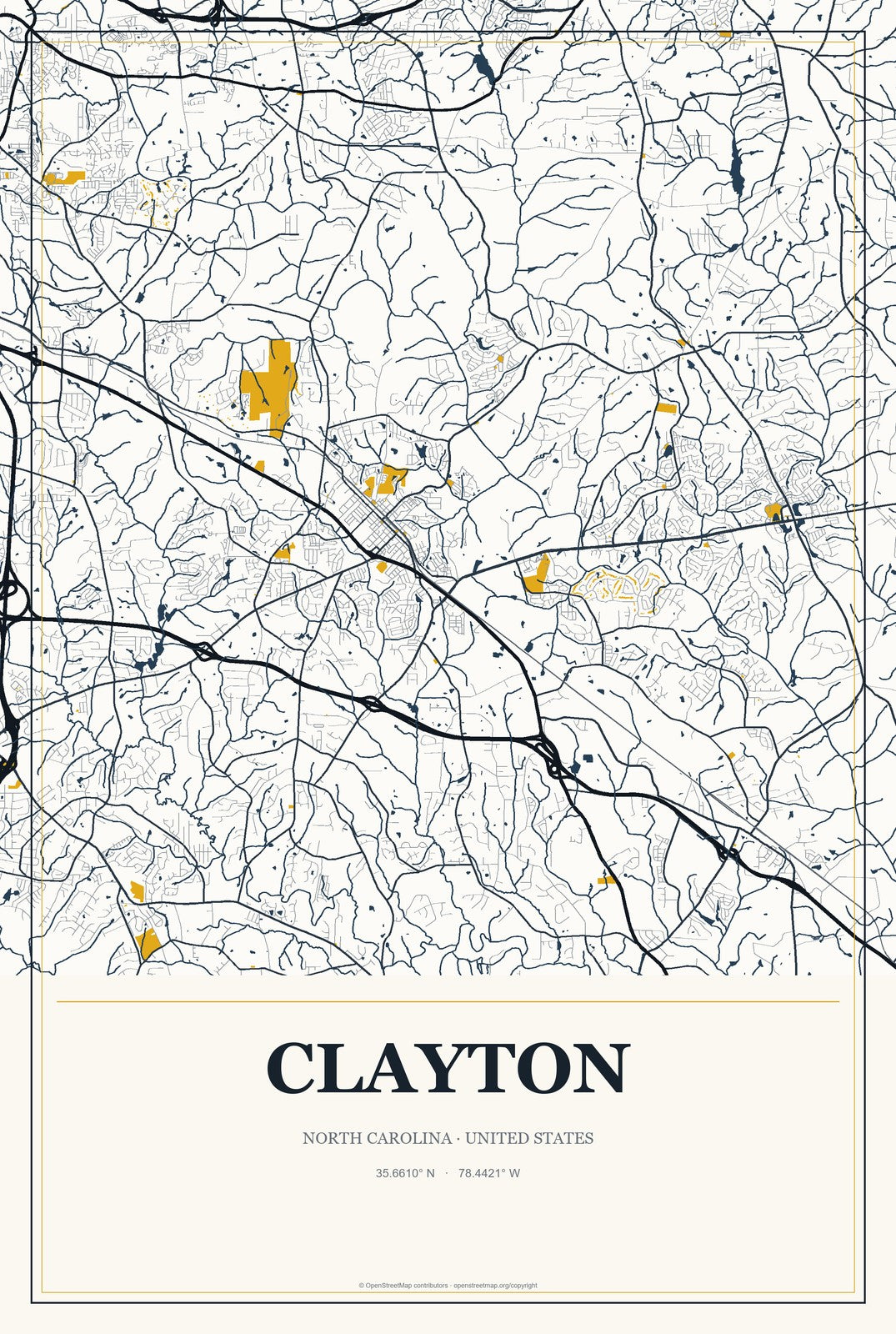 Clayton, North Carolina City Map Aluminum Sign in Citrine Modern style