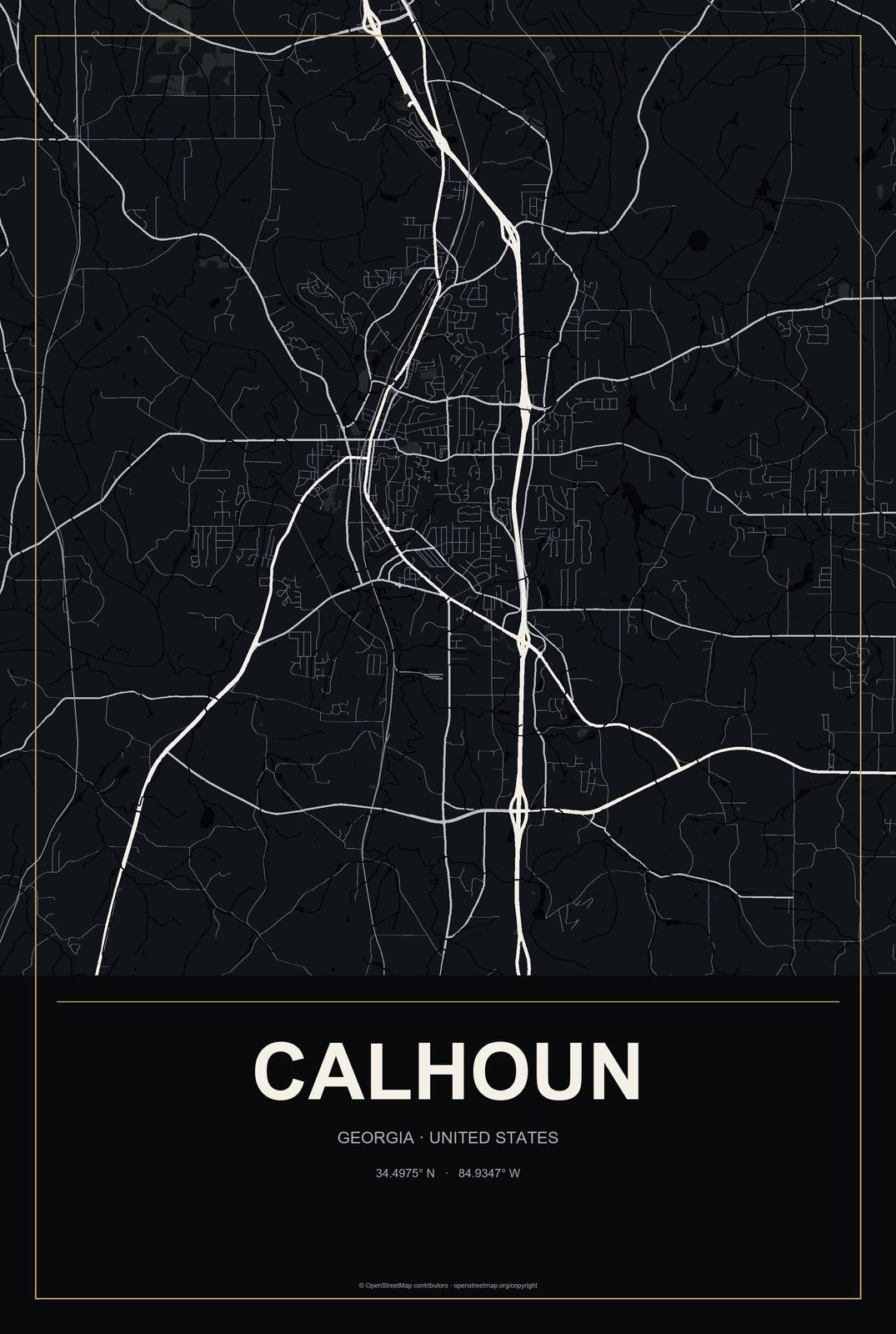 Calhoun, Georgia City Map Aluminum Sign in Metropolitan Noir style