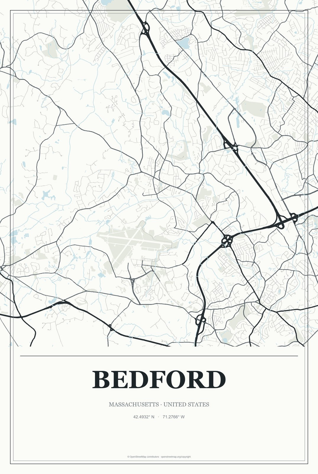 Bedford, Massachusetts City Map Aluminum Sign in Gallery Air style