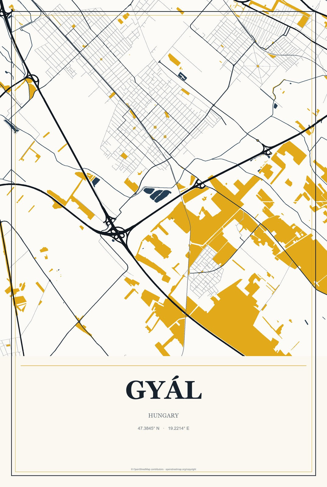 Gyál, Hungary City Map Aluminum Sign in Citrine Modern style