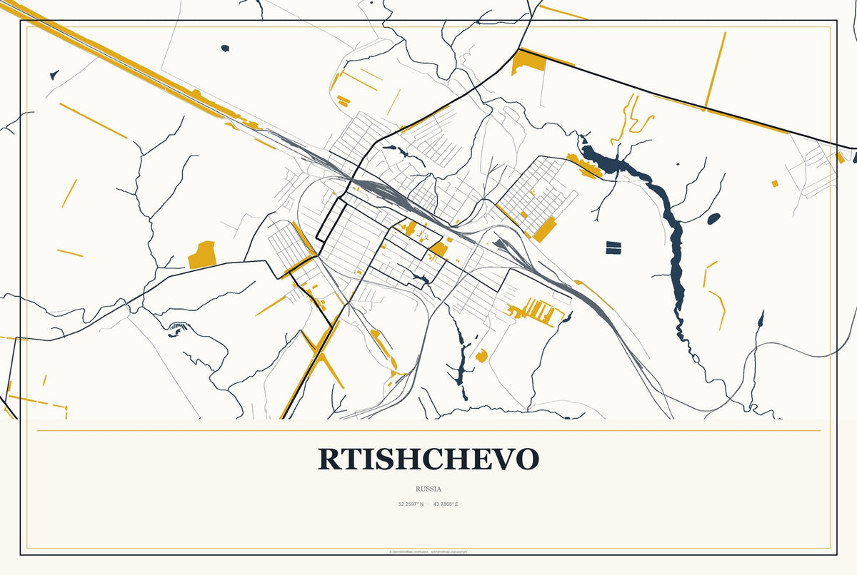 Rtishchevo, Russia City Map Aluminum Sign in Citrine Modern style