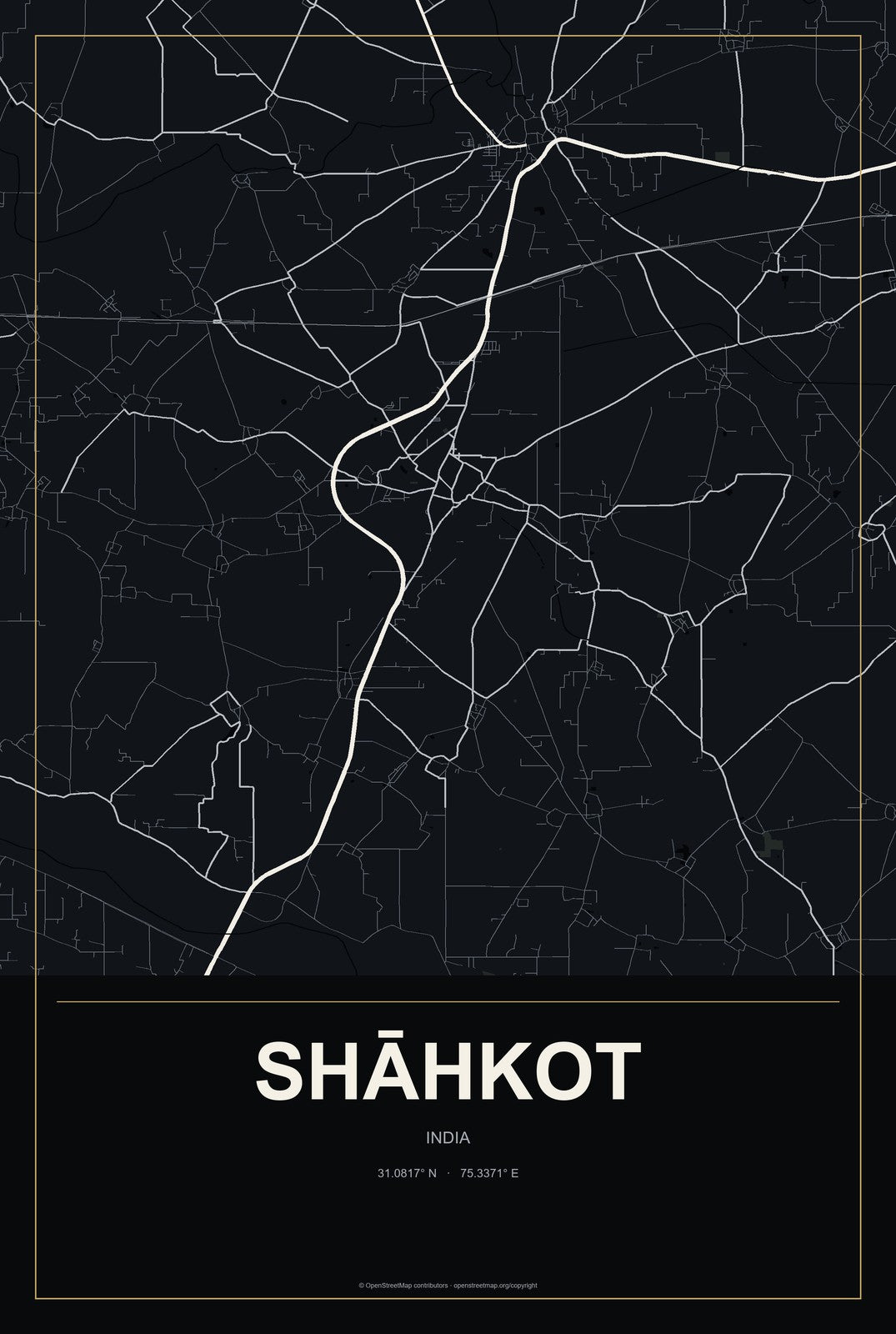 Shāhkot, India City Map Aluminum Sign in Metropolitan Noir style