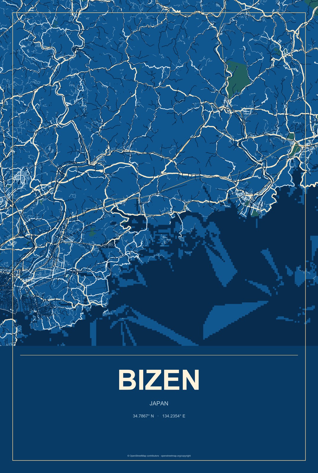 Bizen, Japan City Map Aluminum Sign in Harbor Cobalt style