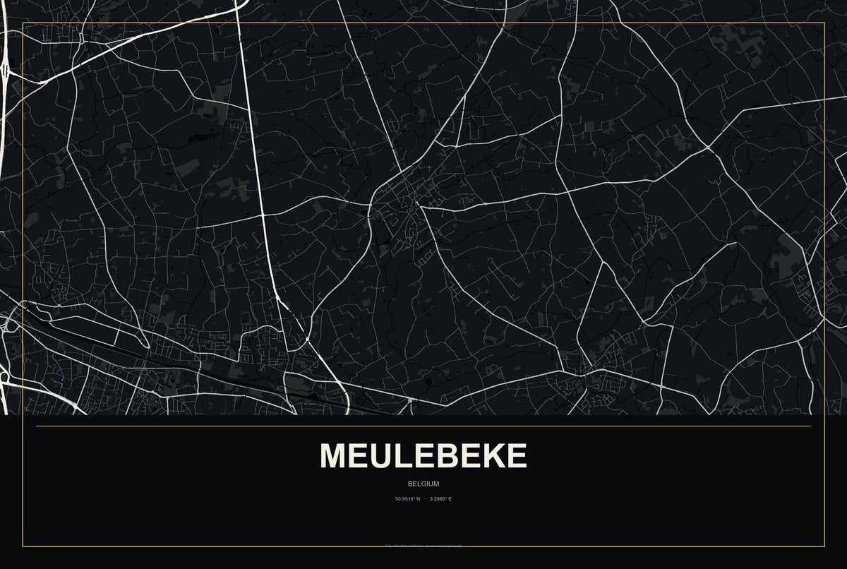 Meulebeke, Belgium City Map Aluminum Sign in Metropolitan Noir style