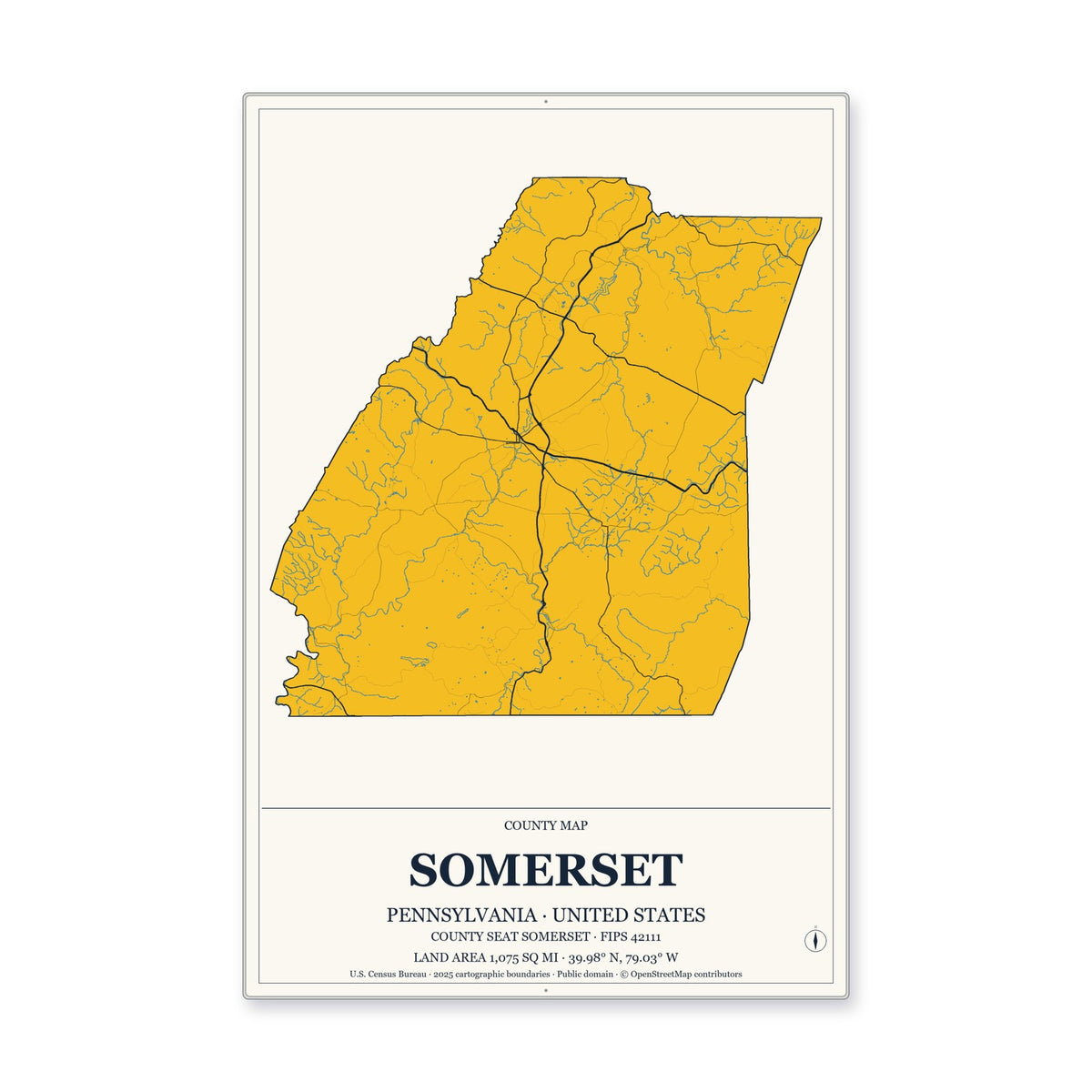 Somerset County, Pennsylvania Map Aluminum Sign in Citrine Modern style