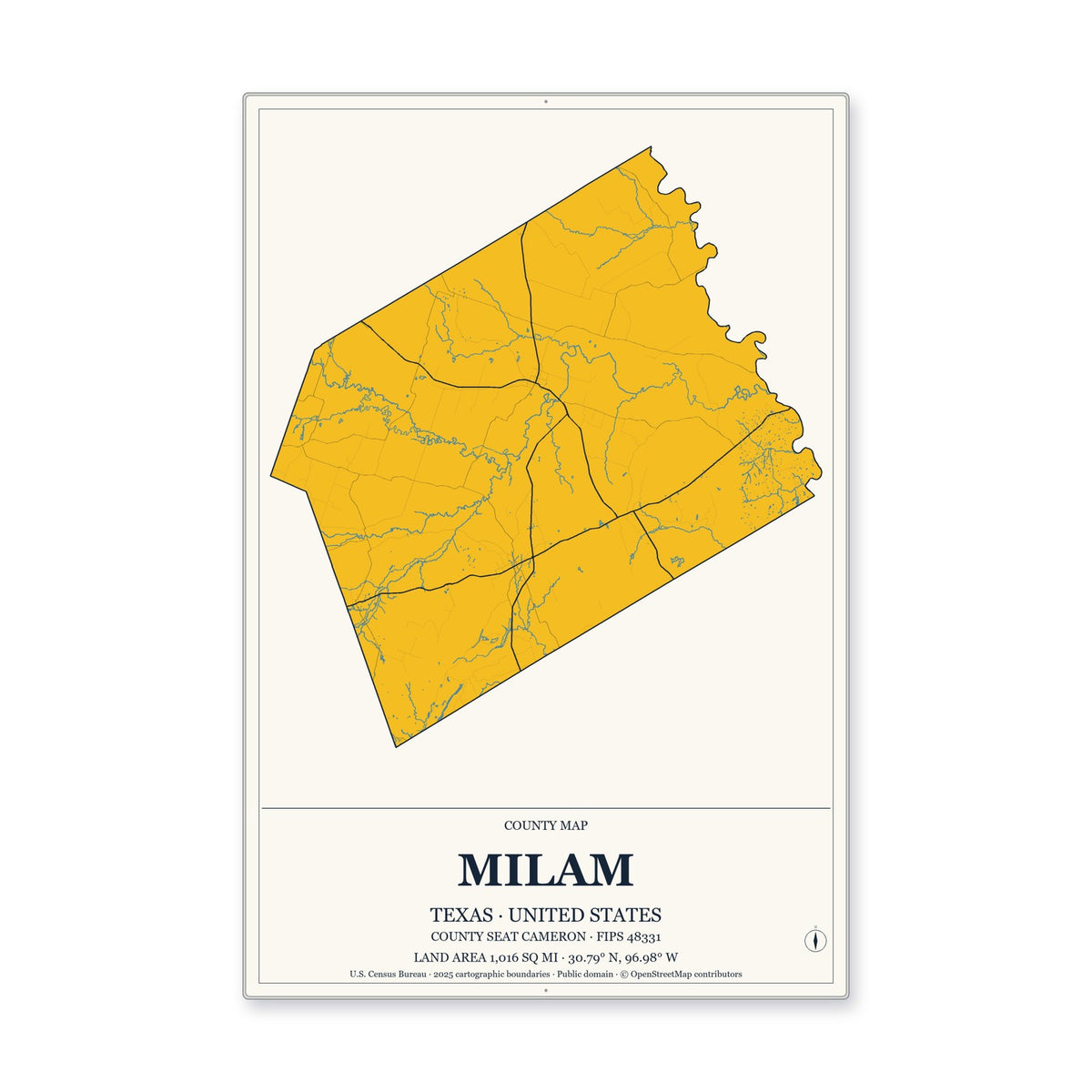 Milam County, Texas Map Aluminum Sign in Citrine Modern style